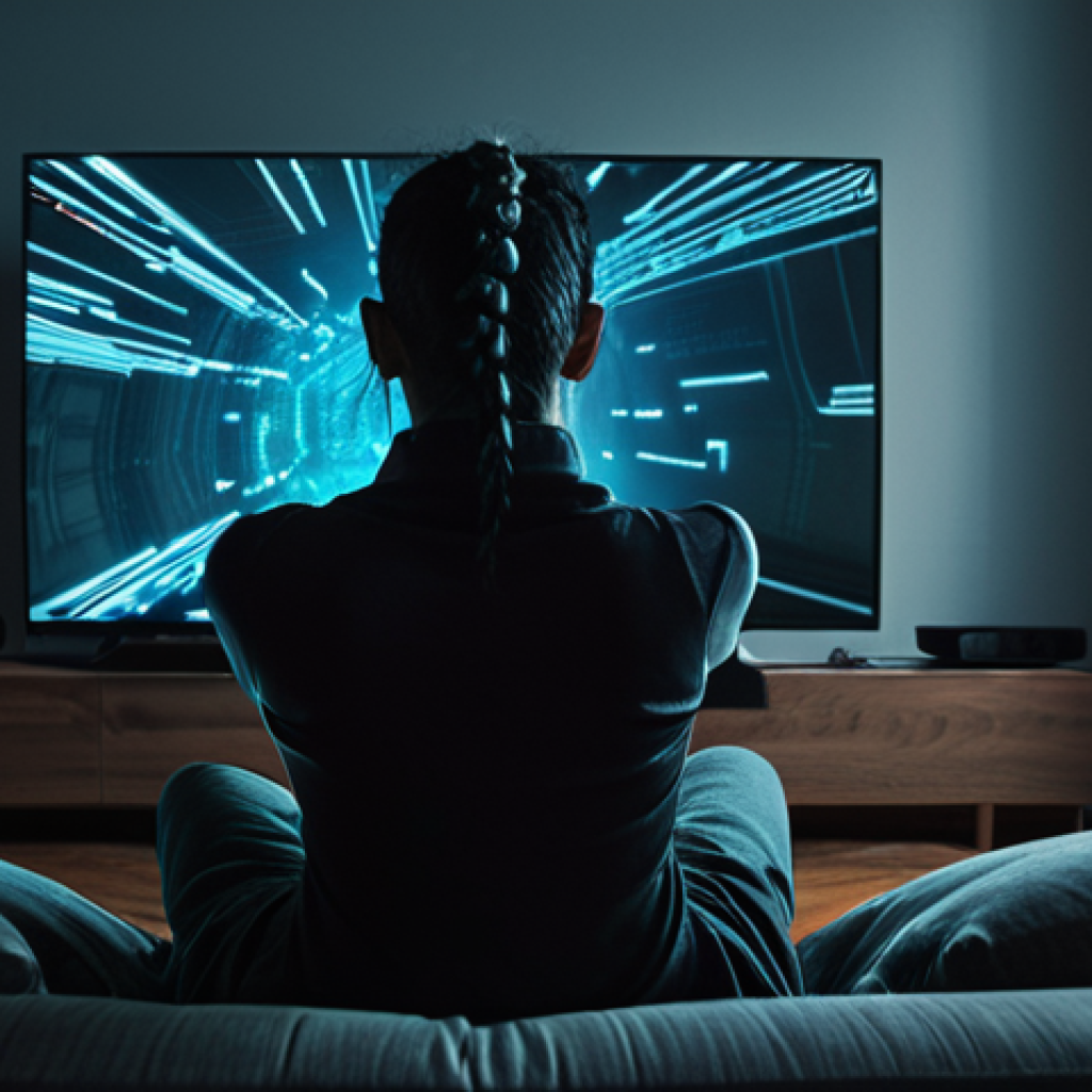 **A person sitting on a couch in a living room, gesturing towards a smart TV. Ominous lighting, suggesting a loss of privacy. Data streams swirling around the person, partially obscured, representing collected personal information. Style: Cyberpunk.**