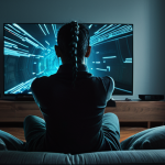 **A person sitting on a couch in a living room, gesturing towards a smart TV. Ominous lighting, suggesting a loss of privacy. Data streams swirling around the person, partially obscured, representing collected personal information. Style: Cyberpunk.**
