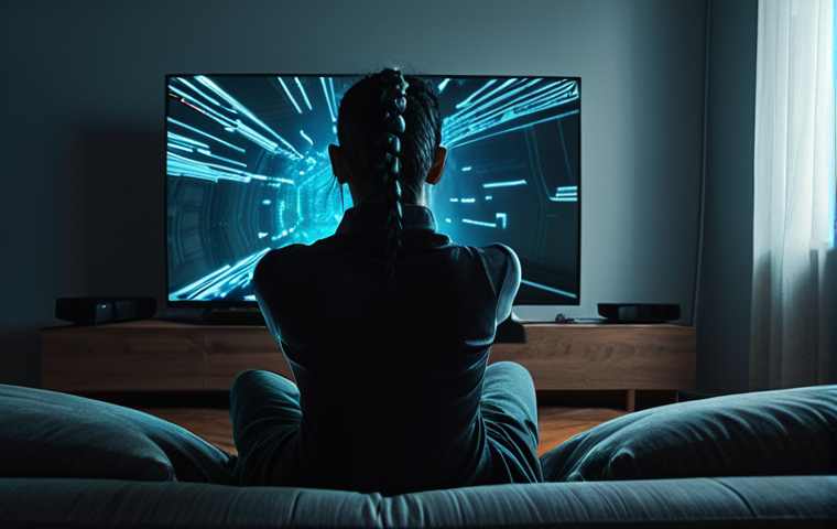 **A person sitting on a couch in a living room, gesturing towards a smart TV. Ominous lighting, suggesting a loss of privacy. Data streams swirling around the person, partially obscured, representing collected personal information. Style: Cyberpunk.**