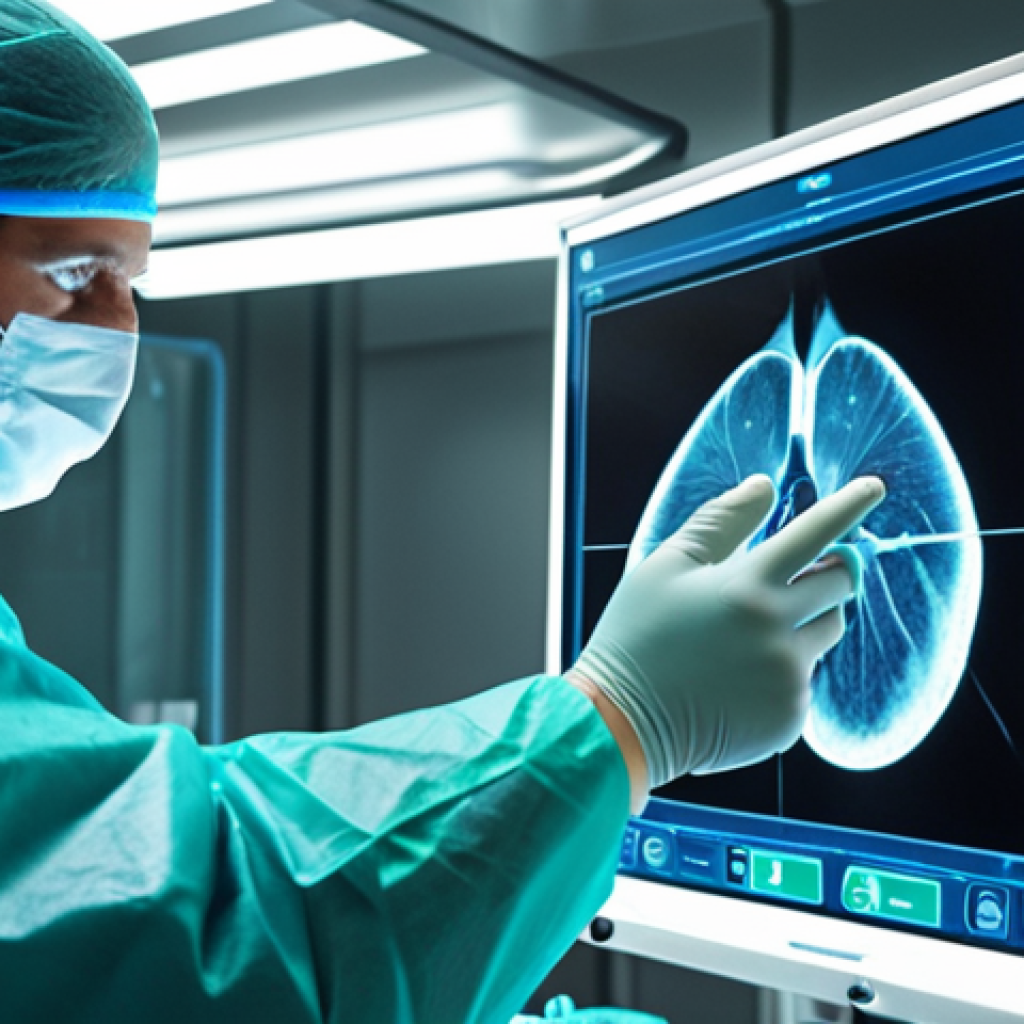 **Surgeon using gesture control during operation, sterile environment, futuristic medical technology.**