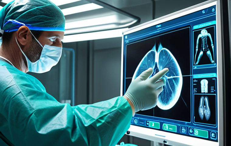 **Surgeon using gesture control during operation, sterile environment, futuristic medical technology.**