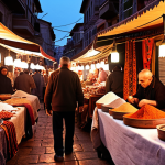 **A bustling Turkish bazaar at sunset. Vendors are arranging spices and textiles under warm, vibrant lights. The atmosphere is lively and inviting.**