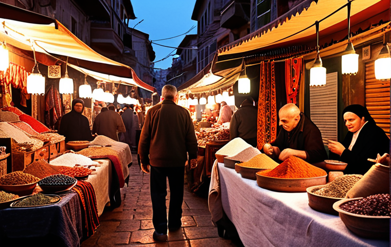 **A bustling Turkish bazaar at sunset. Vendors are arranging spices and textiles under warm, vibrant lights. The atmosphere is lively and inviting.**