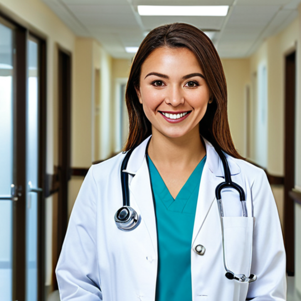 **
"A young female doctor in a clean, bright hospital office, wearing a professional white coat and modest medical scrubs, fully clothed, appropriate attire, smiling warmly at the viewer, stethoscope around her neck, natural pose, perfect anatomy, well-formed hands, safe for work, professional medical portrait, high quality, vibrant colors."
**