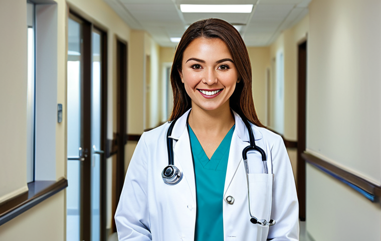 **
"A young female doctor in a clean, bright hospital office, wearing a professional white coat and modest medical scrubs, fully clothed, appropriate attire, smiling warmly at the viewer, stethoscope around her neck, natural pose, perfect anatomy, well-formed hands, safe for work, professional medical portrait, high quality, vibrant colors."
**
