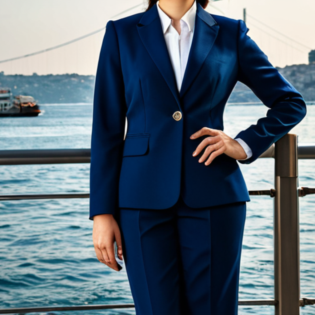 **
A professional businesswoman in a modest, dark-blue business suit, standing confidently in front of the Bosphorus in Istanbul, fully clothed, appropriate attire, safe for work, perfect anatomy, natural proportions, professional corporate photography, high quality.
**