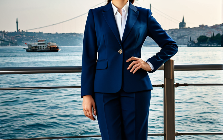 **
A professional businesswoman in a modest, dark-blue business suit, standing confidently in front of the Bosphorus in Istanbul, fully clothed, appropriate attire, safe for work, perfect anatomy, natural proportions, professional corporate photography, high quality.
**