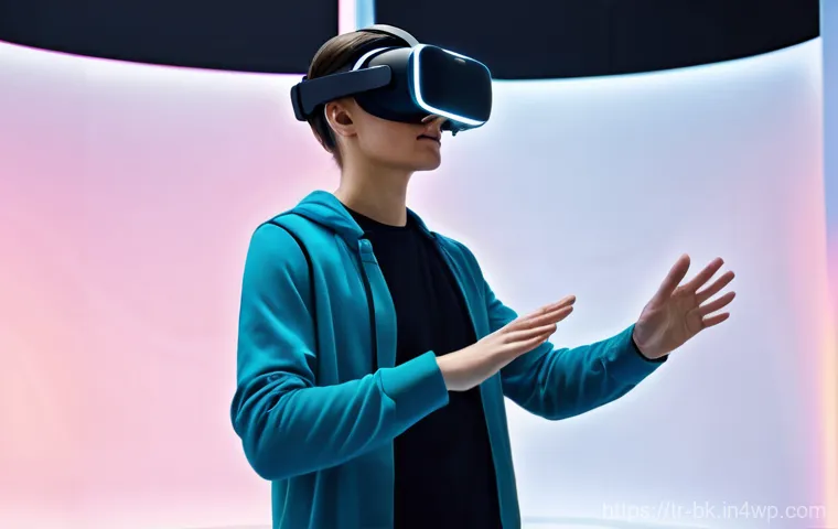 제스처 기반 인터페이스의 최신 연구 동향 - **Virtual Reality Gesture Interaction:**
"A young adult, dressed in comfortable, modern attire (...