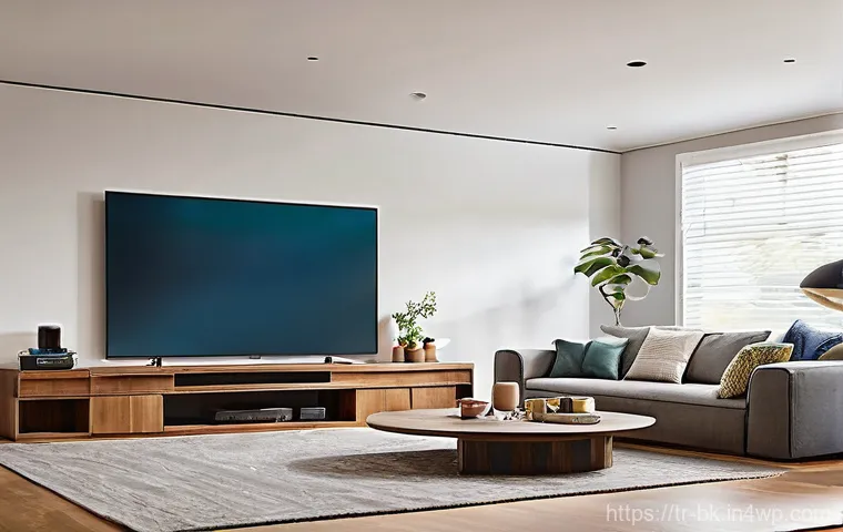제스처 기반 인터페이스의 실용적 활용 방법 - **Home Entertainment Harmony:** A vibrant, modern living room at dusk, bathed in warm, soft ambient ...