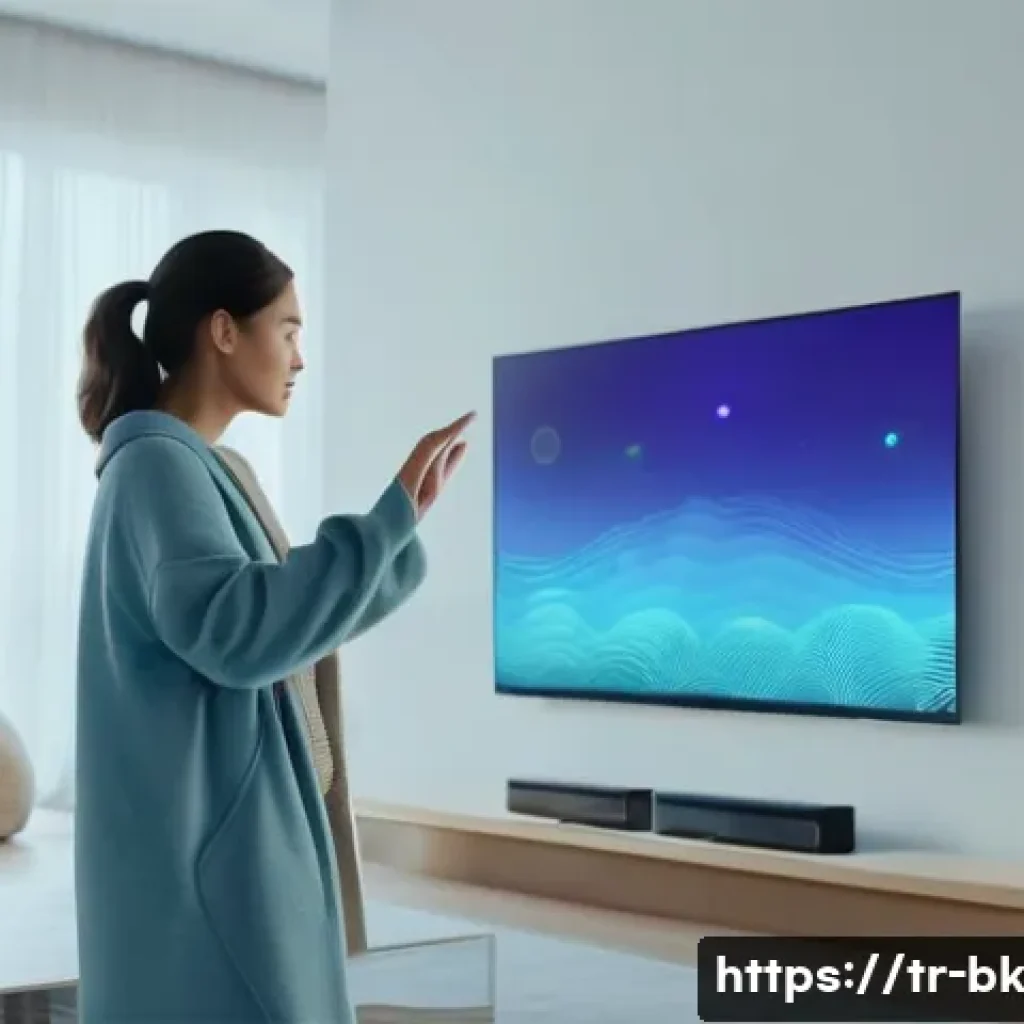 제스처 기반 인터페이스의 브랜드 인지도 향상 - **Smart Home Harmony:** A bright, modern living room bathed in natural light. A young woman, dressed...