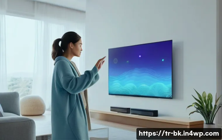 제스처 기반 인터페이스의 브랜드 인지도 향상 - **Smart Home Harmony:** A bright, modern living room bathed in natural light. A young woman, dressed...