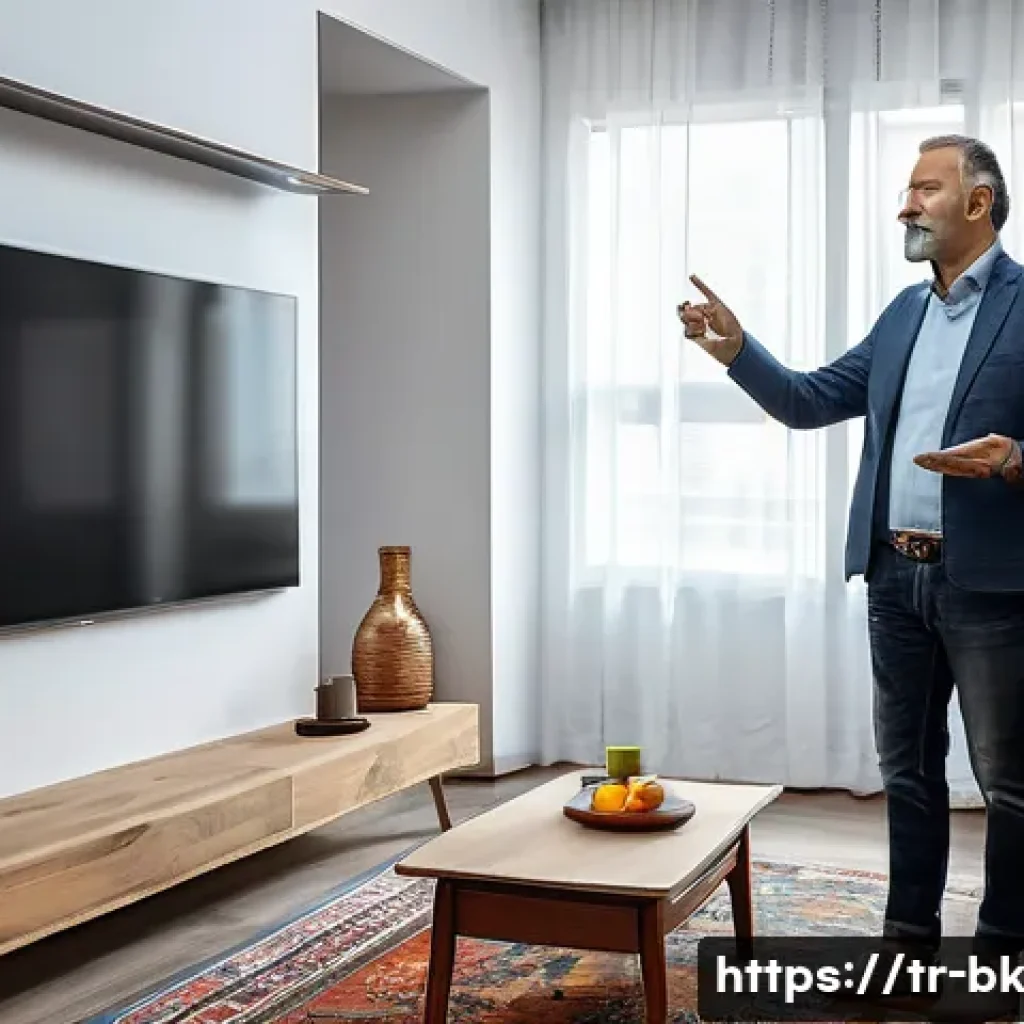 제스처 기반 인터페이스 개발 도구 소개 - A modern living room scene in Istanbul, featuring a middle-aged Turkish man comfortably controlling ...