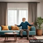 Home 22 제스처 기반 인터페이스의 전문가 인터뷰 - A modern Turkish living room scene with an elderly man comfortably controlling a large flat-screen T...