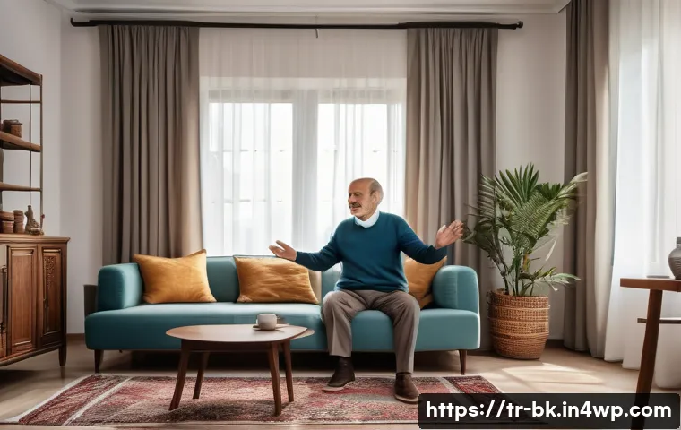 제스처 기반 인터페이스의 전문가 인터뷰 - A modern Turkish living room scene with an elderly man comfortably controlling a large flat-screen T...