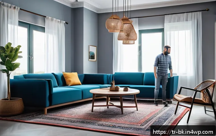 제스처 기반 인터페이스의 변화하는 트렌드 - A modern Turkish smart home interior featuring a middle-aged man controlling lights and smart applia...